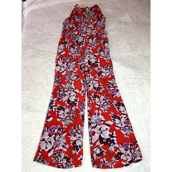 Yumi Kim Beautiful Red Floral 100% Silk Jumpsuit Size Large - Picture 2 of 6